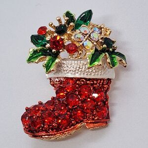 Christmas Stocking Brooch Rhinestones Holly and Berries Smaller Size